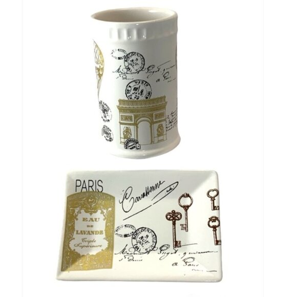 Paris French Parisian 2 Piece Bath Accessory Decor "Carte Postale” White… - Picture 1 of 12
